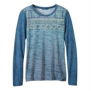 Prana Lottie Burnout Shirt Long Sleeve Sz XL Blue Green Crew Neck Abstract Boho